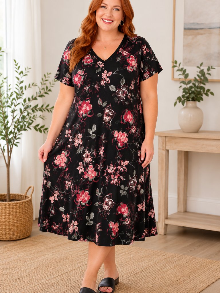 Dreams & Co Black Floral Short Sleeve Midi Dress Women’s 5x Petite